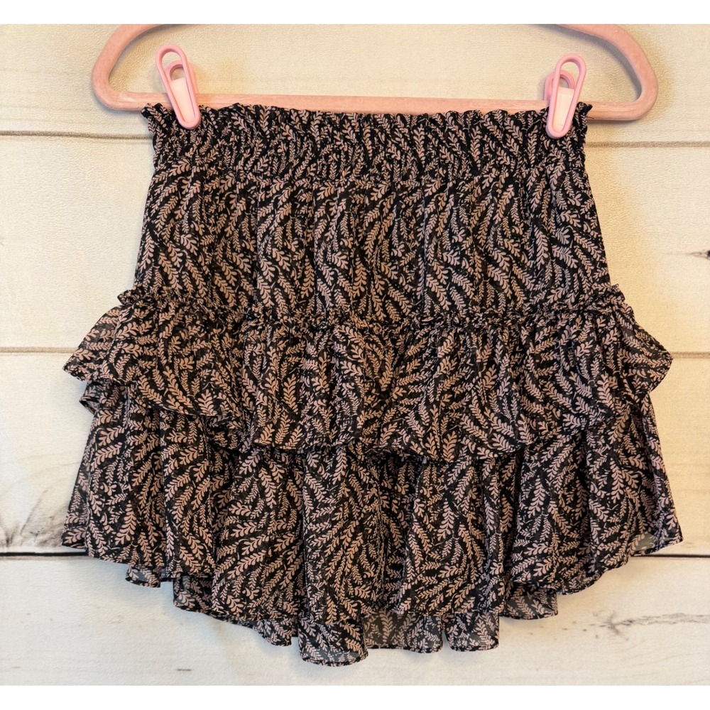 MISA Los Angeles Marion Skirt XS Black Pink Leaf Print Ruffle Tiered Mini Skirt
